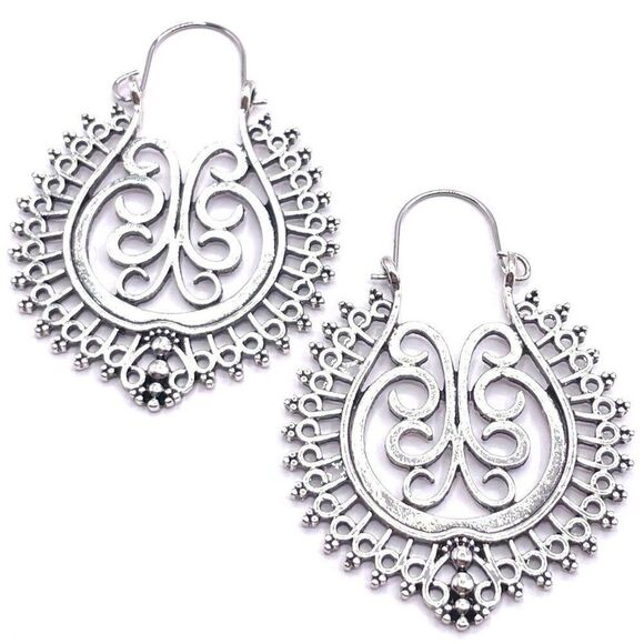 Silver Detailed Boho Scroll Dangling Drop Hinged Hook Earrings - Picture 1 of 6